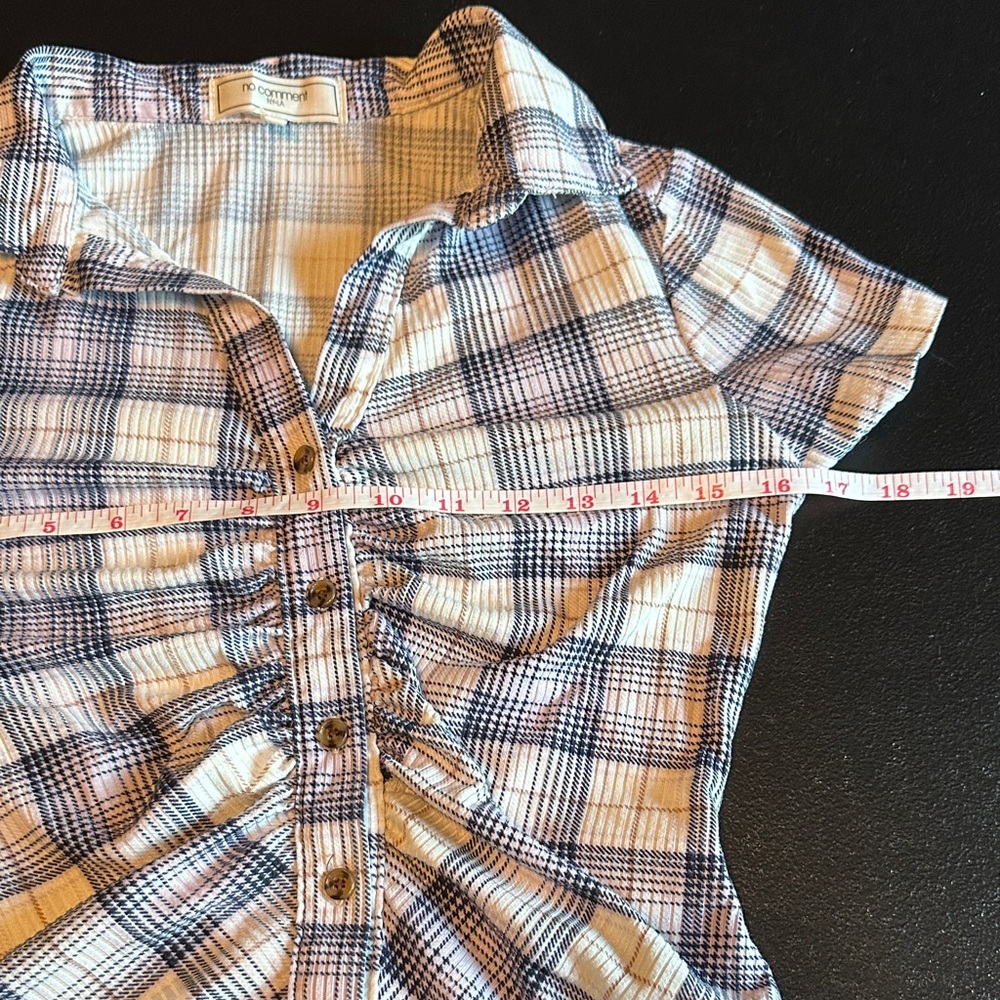 No Comment Blue and White Plaid Women/junior Button-Down Shirt - Picture 3 of 6